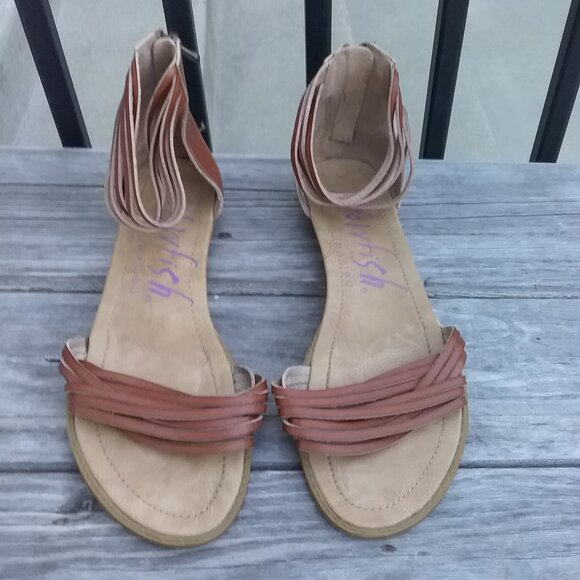 Blowfish Malibu Strappy Ankle Stap Sandals Tan Zipper Flats Open Toe Tan 11 - Picture 7 of 7